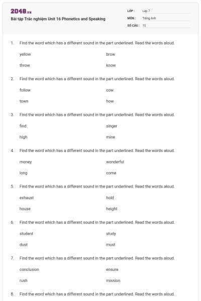 Bài tập Trắc nghiệm Unit 16 Phonetics and Speaking