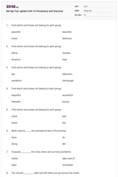 Bài tập Trắc nghiệm Unit 16 Vocabulary and Grammar