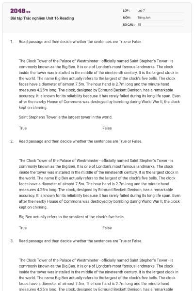 Bài tập Trắc nghiệm Unit 16 Reading