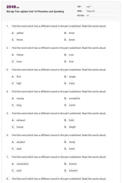 Bài tập Trắc nghiệm Unit 16 Phonetics and Speaking
