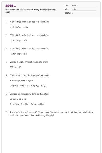 Giải toán 5 Viết các số đo khối lượng dưới dạng số thập phân
