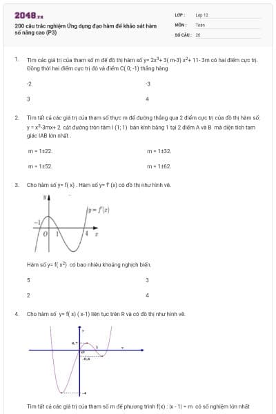 200 câu trắc nghiệm Ứng dụng đạo hàm để khảo sát hàm số nâng cao (P3)
