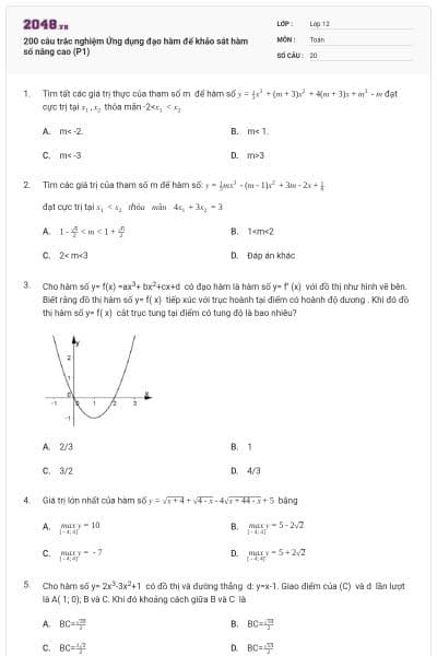 200 câu trắc nghiệm Ứng dụng đạo hàm để khảo sát hàm số nâng cao (P1)