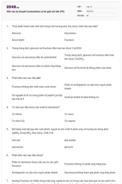 400 câu ký thuyết Cacbohidrat có lời giải chi tiết (P9)