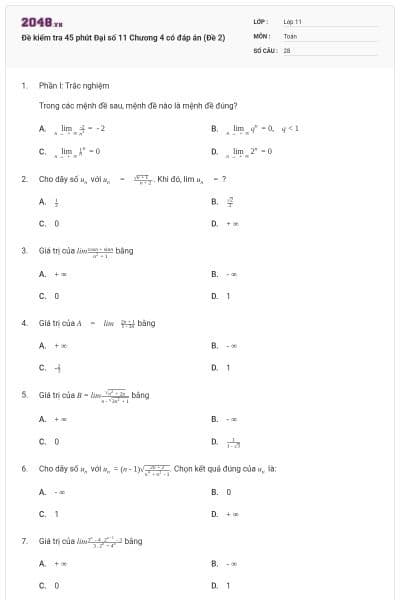 Đề kiểm tra 45 phút Đại số 11 Chương 4 có đáp án (Đề 2)