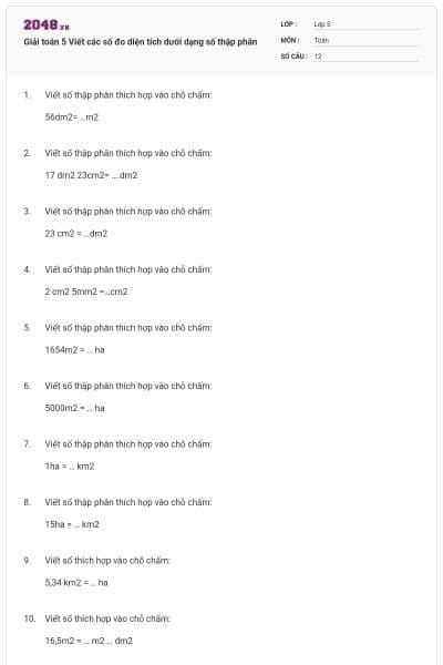 Giải toán 5 Viết các số đo diện tích dưới dạng số thập phân