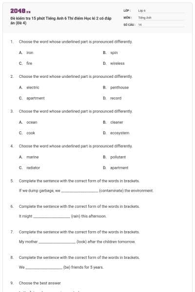 Đề kiểm tra 15 phút Tiếng Anh 6 Thí điểm Học kì 2 có đáp án (Đề 4)