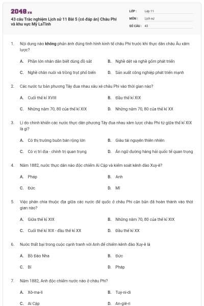 43 câu Trắc nghiệm Lịch sử 11 Bài 5 (có đáp án) Châu Phi và khu vực Mỹ LaTinh