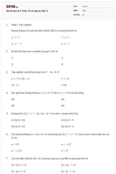 Đề thi Học kì 2 Toán 10 có đáp án (Đề 1)