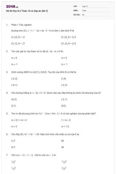 Đề thi Học kì 2 Toán 10 có đáp án (Đề 2)