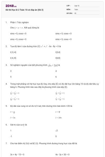 Đề thi Học kì 2 Toán 10 có đáp án (Đề 3)