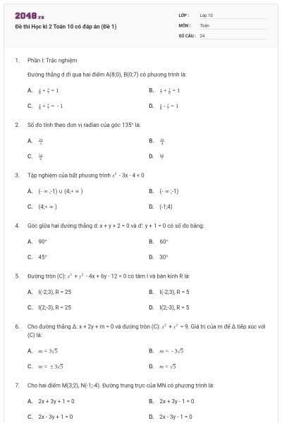 Đề thi Học kì 2 Toán 10 có đáp án (Đề 1)