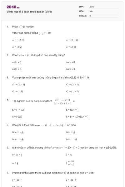 Đề thi Học kì 2 Toán 10 có đáp án (Đề 4)