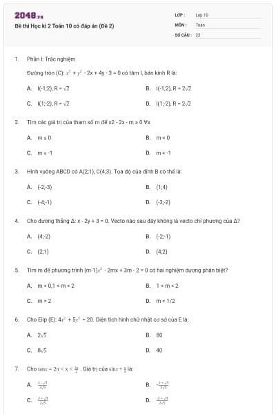 Đề thi Học kì 2 Toán 10 có đáp án (Đề 2)