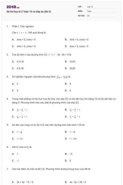 Đề thi Học kì 2 Toán 10 có đáp án (Đề 3)