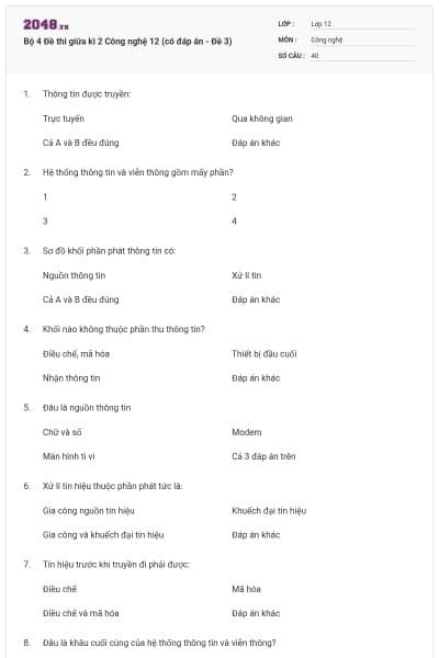 Bộ 4 Đề thi giữa kì 2 Công nghệ 12 (có đáp án - Đề 3)