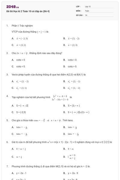 Đề thi Học kì 2 Toán 10 có đáp án (Đề 4)