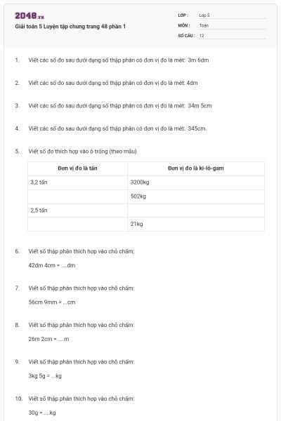 Giải toán 5 Luyện tập chung trang 48 phần 1