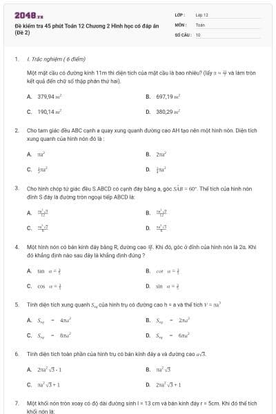 Đề kiểm tra 45 phút Toán 12 Chương 2 Hình học có đáp án (Đề 2)