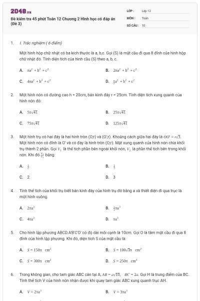 Đề kiểm tra 45 phút Toán 12 Chương 2 Hình học có đáp án (Đề 3)