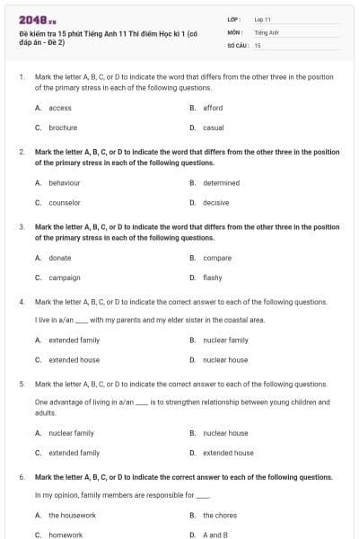 Đề kiểm tra 15 phút Tiếng Anh 11 Thí điểm Học kì 1 (có đáp án - Đề 2)