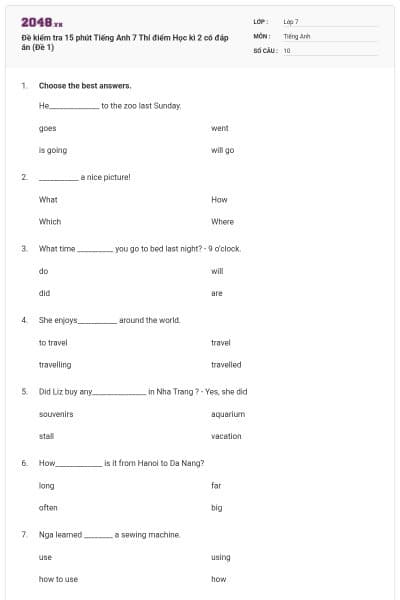 Đề kiểm tra 15 phút Tiếng Anh 7 Thí điểm Học kì 2 có đáp án (Đề 1)