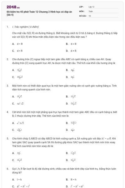 Đề kiểm tra 45 phút Toán 12 Chương 2 Hình học có đáp án (Đề 4)