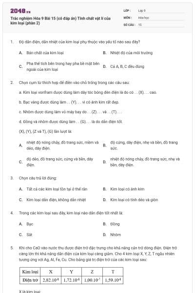 Trắc nghiệm Hóa 9 Bài 15 (có đáp án) Tính chất vật lí của kim loại (phần 2)