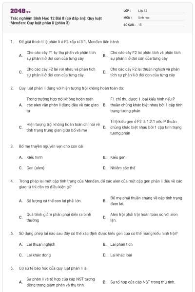 Trắc nghiệm Sinh Học 12 Bài 8 (có đáp án): Quy luật Menđen: Quy luật phân li (phần 3)