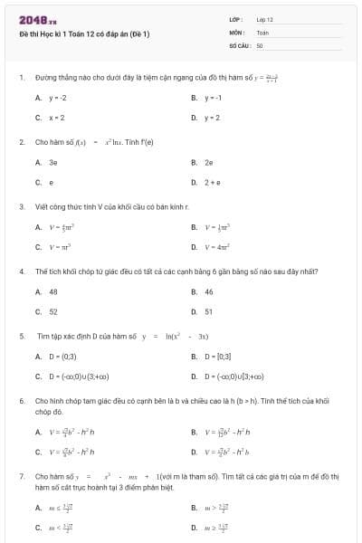Đề thi Học kì 1 Toán 12 có đáp án (Đề 1)