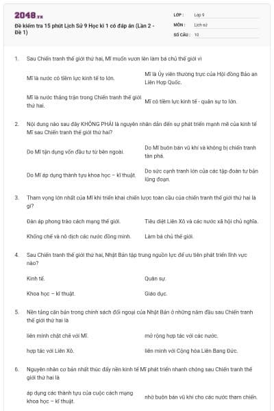 Đề kiểm tra 15 phút Lịch Sử 9 Học kì 1 có đáp án (Lần 2 - Đề 1)