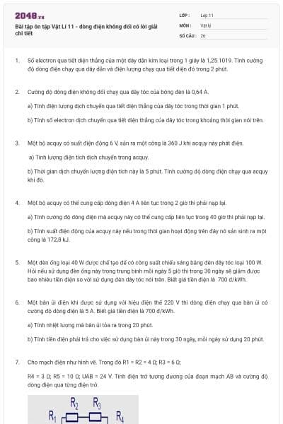 Bài tập ôn tập Vật Lí 11 - dòng điện không đổi có lời giải chi tiết