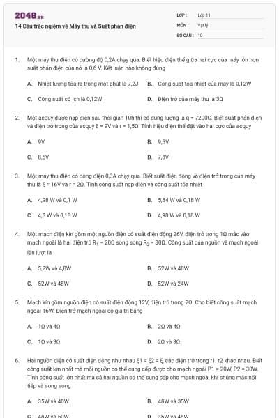 14 Câu trắc ngiệm về Máy thu và Suất phản điện