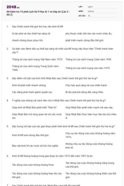 Đề kiểm tra 15 phút Lịch Sử 9 Học kì 1 có đáp án (Lần 2 - Đề 2)