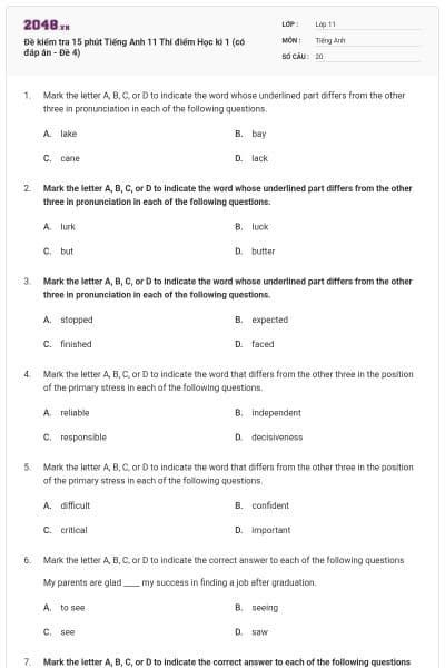 Đề kiểm tra 15 phút Tiếng Anh 11 Thí điểm Học kì 1 (có đáp án - Đề 4)