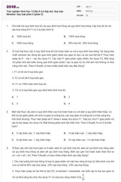 Trắc nghiệm Sinh Học 12 Bài 8 (có đáp án): Quy luật Menđen: Quy luật phân li (phần 2)
