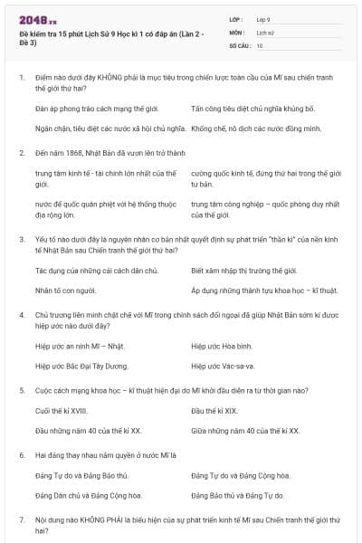 Đề kiểm tra 15 phút Lịch Sử 9 Học kì 1 có đáp án (Lần 2 - Đề 3)