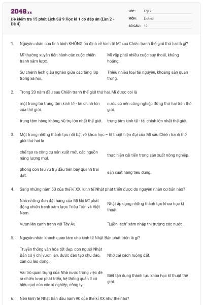 Đề kiểm tra 15 phút Lịch Sử 9 Học kì 1 có đáp án (Lần 2 - Đề 4)