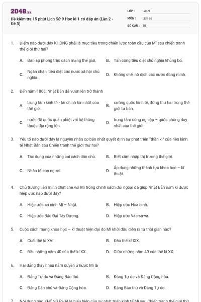 Đề kiểm tra 15 phút Lịch Sử 9 Học kì 1 có đáp án (Lần 2 - Đề 3)
