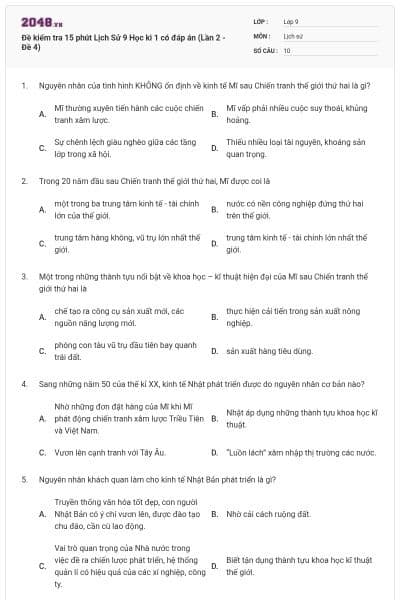 Đề kiểm tra 15 phút Lịch Sử 9 Học kì 1 có đáp án (Lần 2 - Đề 4)