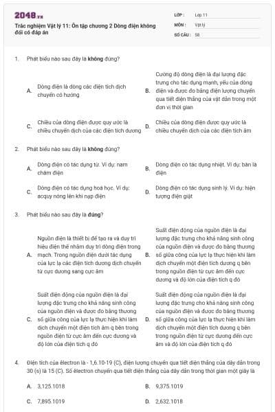 Trắc nghiệm Vật lý 11: Ôn tập chương 2 Dòng điện không đổi có đáp án