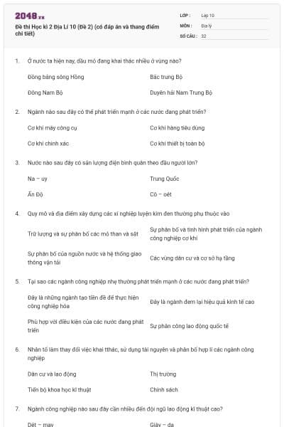 Đề thi Học kì 2 Địa Lí 10 (Đề 2) (có đáp án và thang điểm chi tiết)