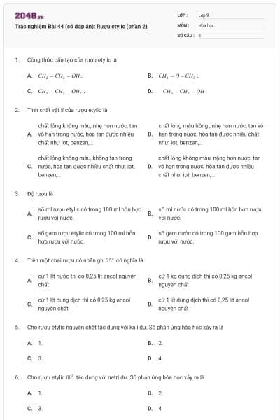 Trắc nghiệm Bài 44 (có đáp án): Rượu etylic (phần 2)
