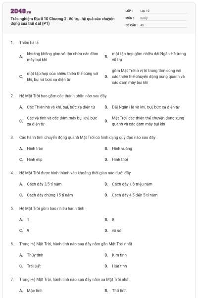 Trắc nghiệm Địa lí 10 Chương 2: Vũ trụ. hệ quả các chuyển động của trái đất (P1)