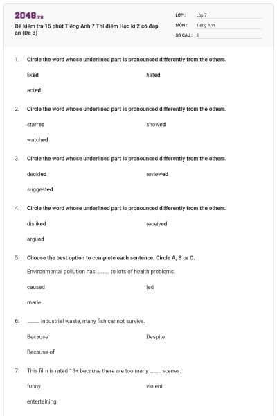 Đề kiểm tra 15 phút Tiếng Anh 7 Thí điểm Học kì 2 có đáp án (Đề 3)