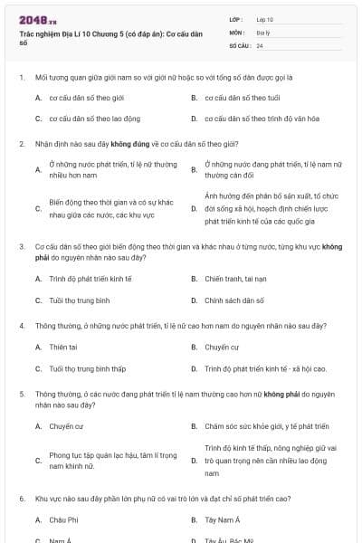 Trắc nghiệm Địa Lí 10 Chương 5 (có đáp án): Cơ cấu dân số