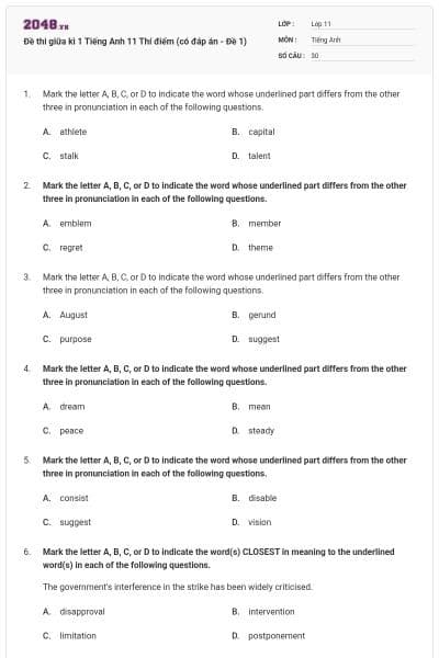 Đề thi giữa kì 1 Tiếng Anh 11 Thí điểm (có đáp án - Đề 1)