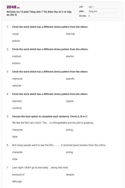 Đề kiểm tra 15 phút Tiếng Anh 7 Thí điểm Học kì 2 có đáp án (Đề 5)