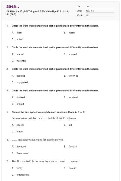 Đề kiểm tra 15 phút Tiếng Anh 7 Thí điểm Học kì 2 có đáp án (Đề 3)
