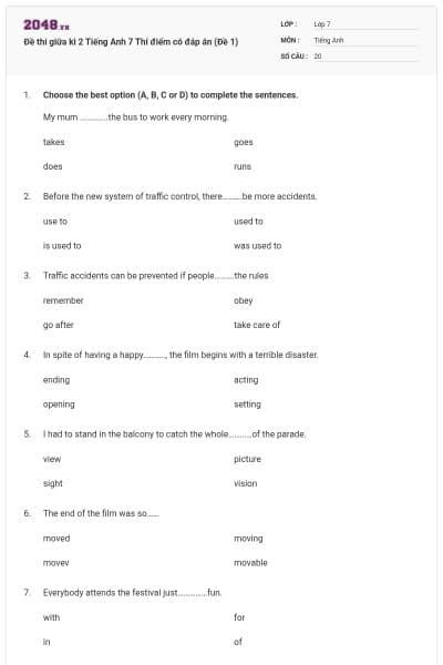 Đề thi giữa kì 2 Tiếng Anh 7 Thí điểm có đáp án (Đề 1)